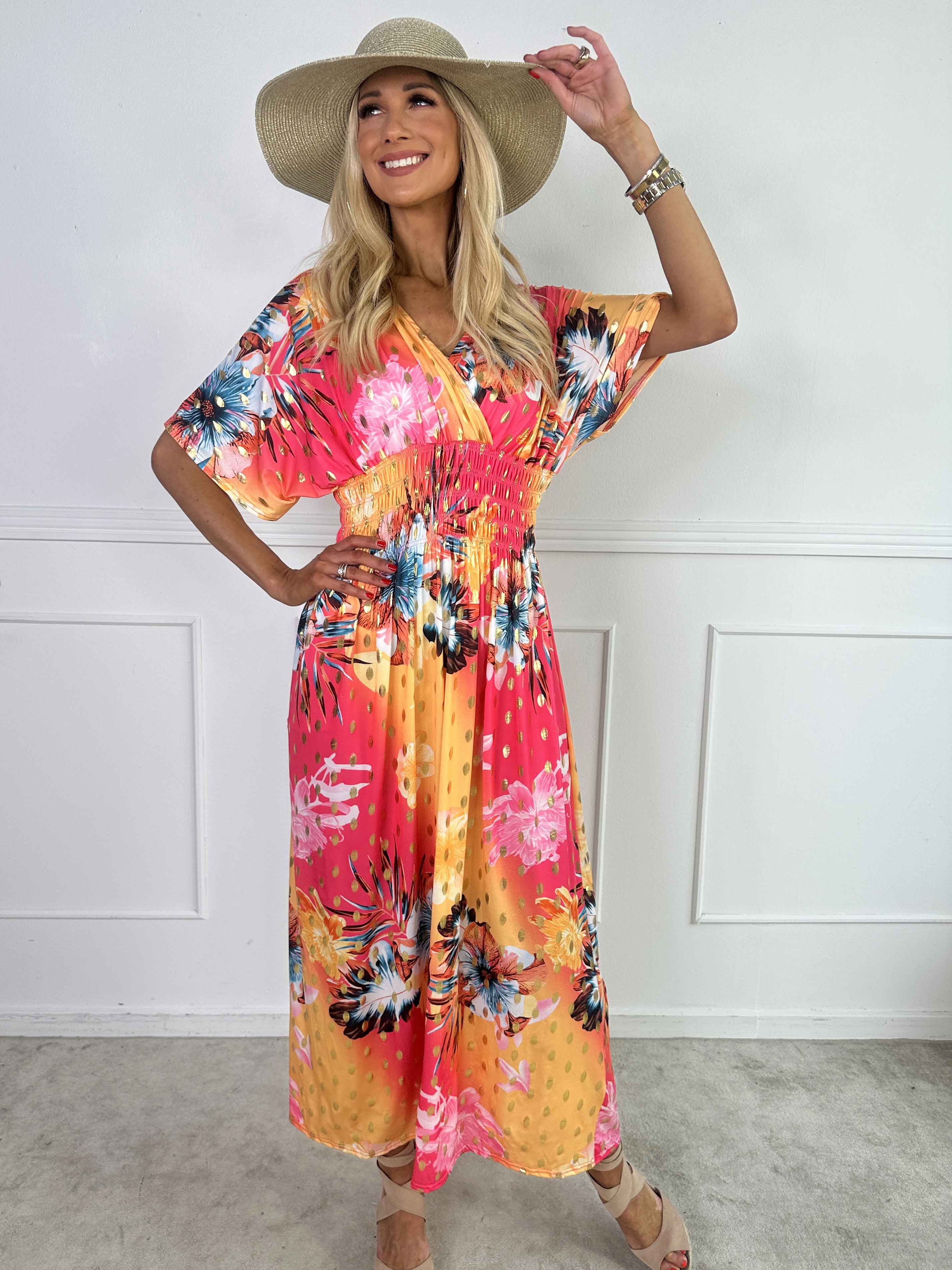 Pams Hawaii - Lång klänning i stretchtyg med blommönster